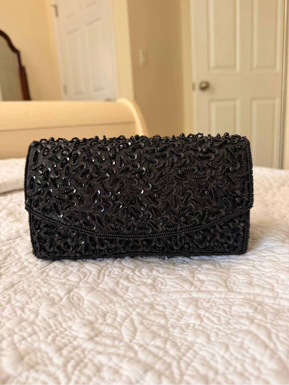Black Beaded Evening Clutch - Elegant Women's Bag